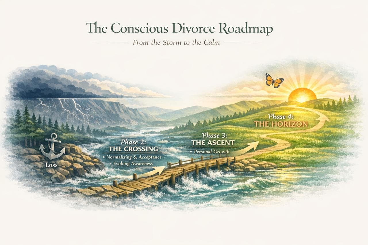 The Conscious Divorce Roadmap showing four phases: Loss, The Crossing, The Ascent, and The Horizon